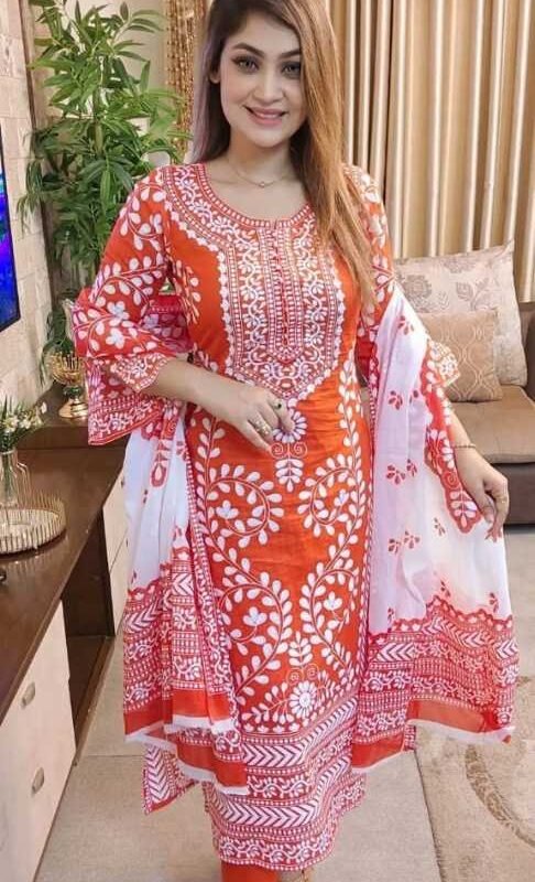 সুতি কাপড়ের ওপর আফসান প্রিন্ট আনরেডি থ্রি পিস 814