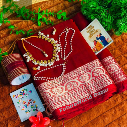 প্রিমিয়াম আড়ং কটন শাড়ি, কুন্দন জুয়েলারি ও চুড়ি ফুল কম্বো সেট (কোড ৮৯৭)